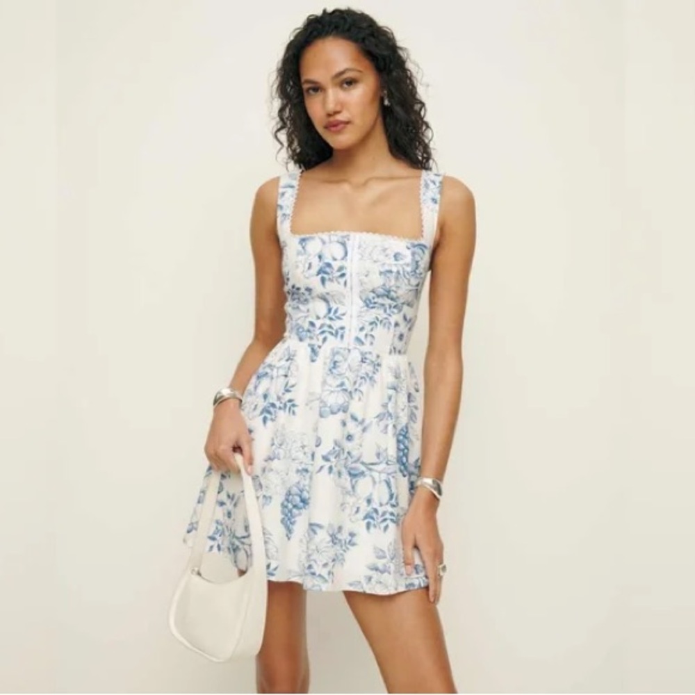 Blue & White Reformation Sheri Linen Dress